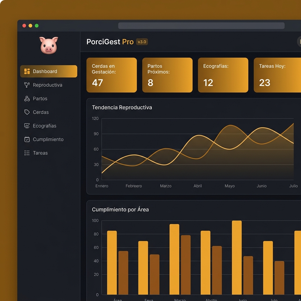 Dashboard de PorciGest Pro - centro de mando con KPIs reproductivos, alertas y agenda diaria para granja porcina