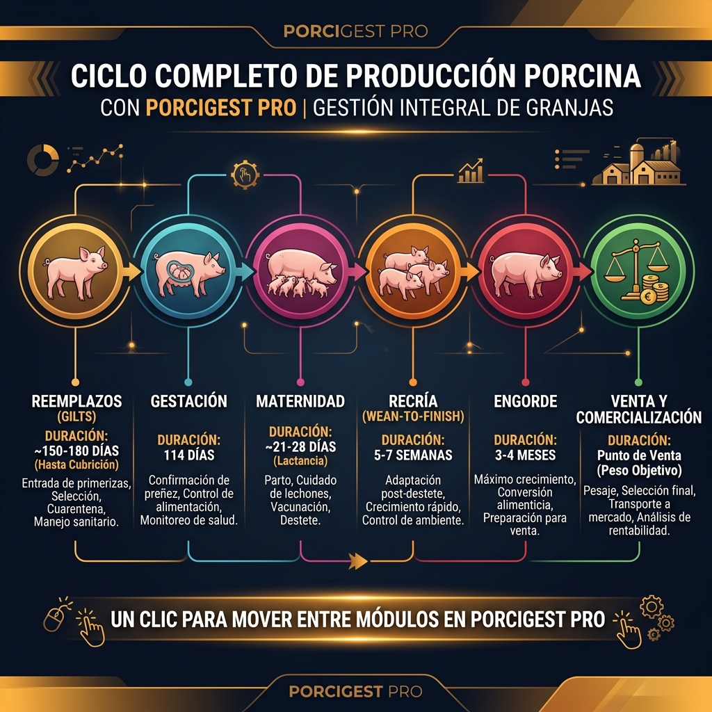 Diagrama del ciclo productivo porcino completo desde reemplazos hasta venta