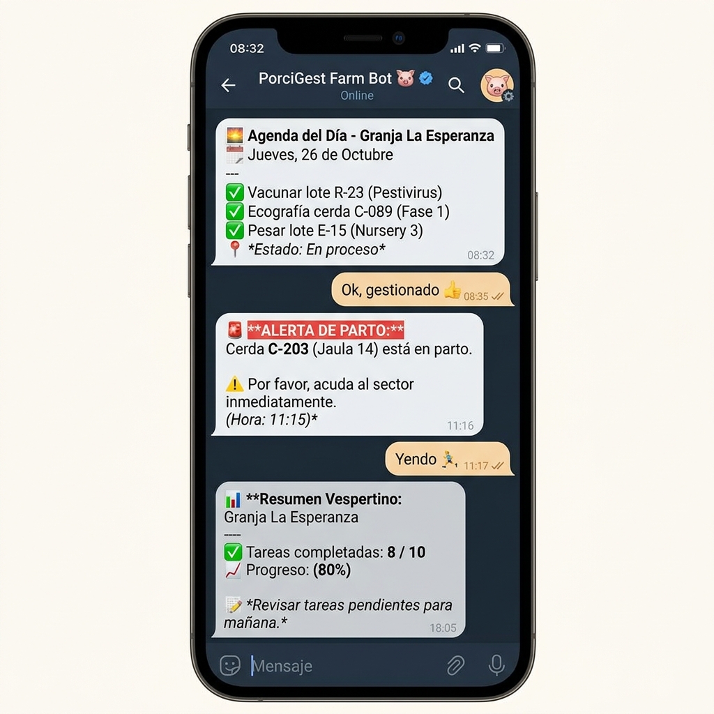 Bot de Telegram para granja porcina - alertas, tareas y resúmenes automáticos para operarios
